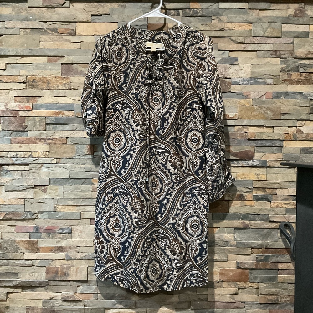 100% Silk Michael Kros Patterned Navy and White Long or Mid Sleeve Women's Dress